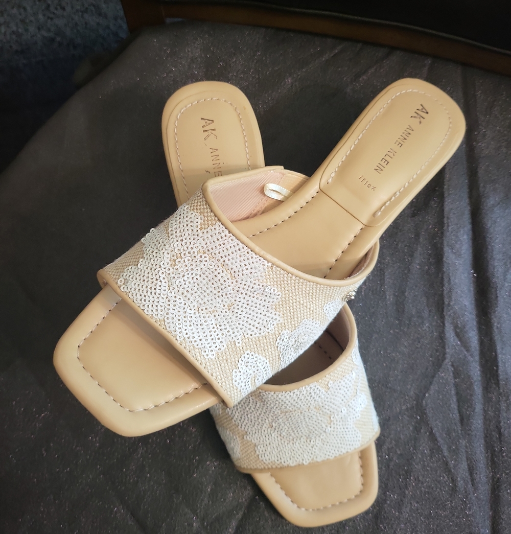 Anne Klein Tan Sequin Floral Slide Mules